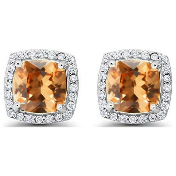 10k White Gold 3 Ct Created Halo Princess Cut Plated Citrine Stud Earrings by Paris Jewelry