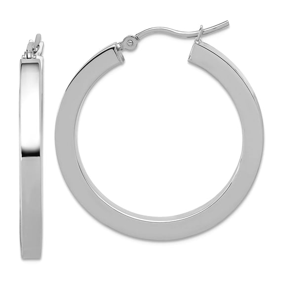 10k White Gold 3mm Polished Square Tube Hoop Earrings 30mm Long 3mm Thick Hoop Earring for Women