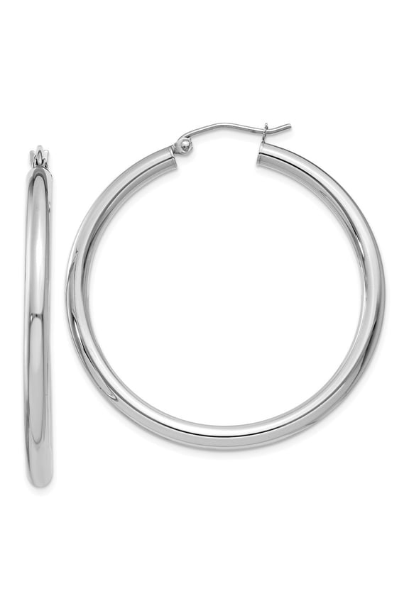 10k White Gold 3mm Round Hoop Earrings - 3.0 Grams - Measures 35x41.12mm Wide 3mm Thick
