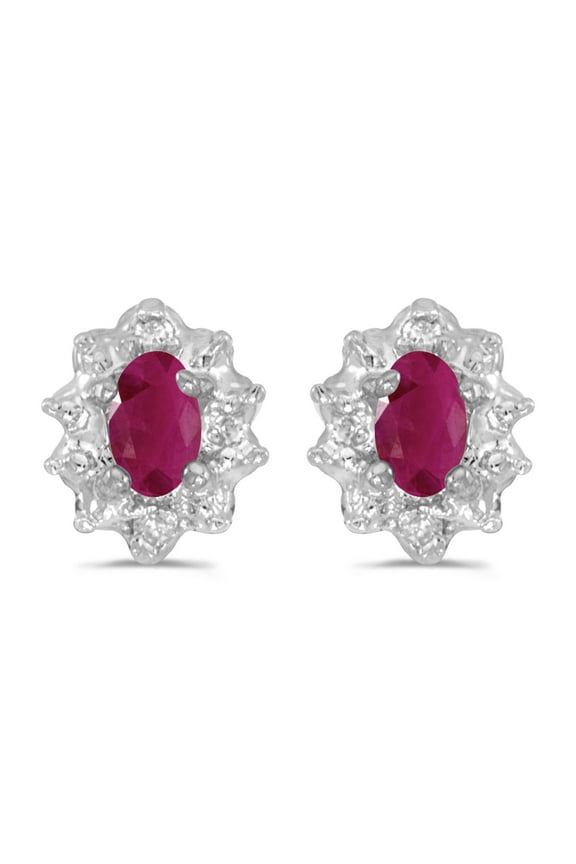 10k White Gold 5x3 mm Genuine Ruby And Diamond Earrings