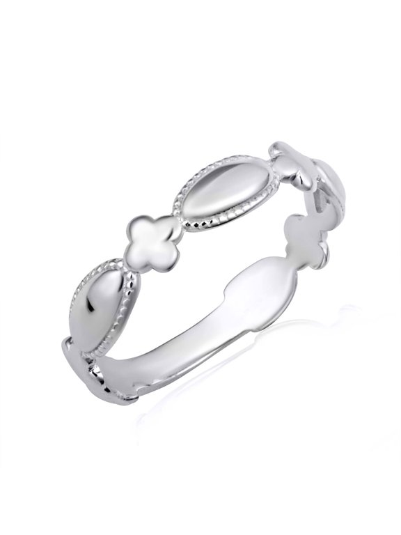 10k White Gold Beaded Clover Station Band Ring (Size 6)