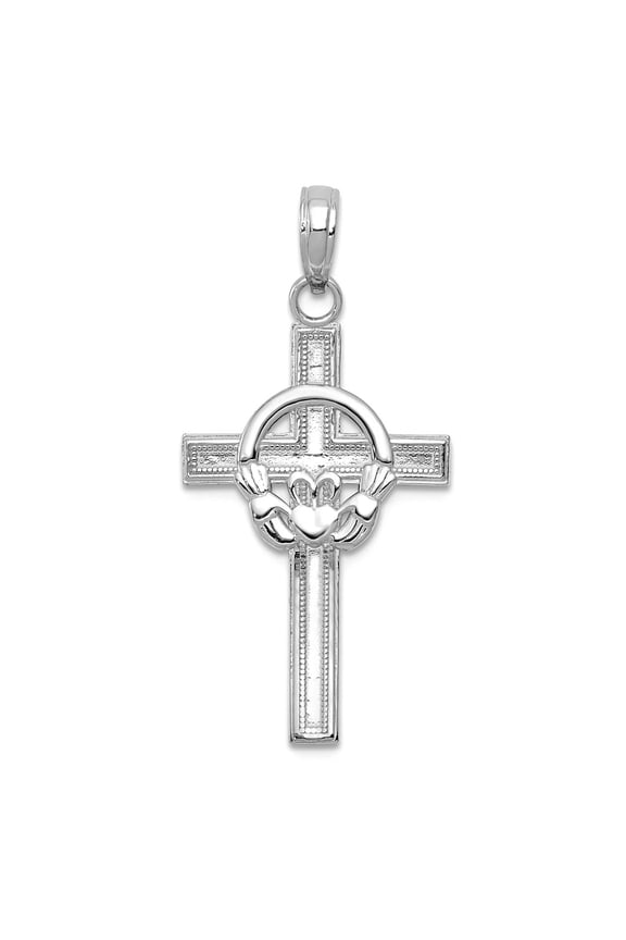 10k White Gold Block Religious Faith Cross With Irish Claddagh Celtic Trinity Knot Center High Polish and Textured 29x26