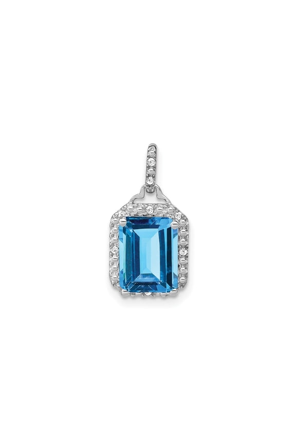 10k White Gold Blue Topaz Pendant Necklace for Women with Emerald Cut Stone, Halo Style, Accent Gems, December Birthstone, Elegant Fine Jewelry for Formal or Everyday Wear