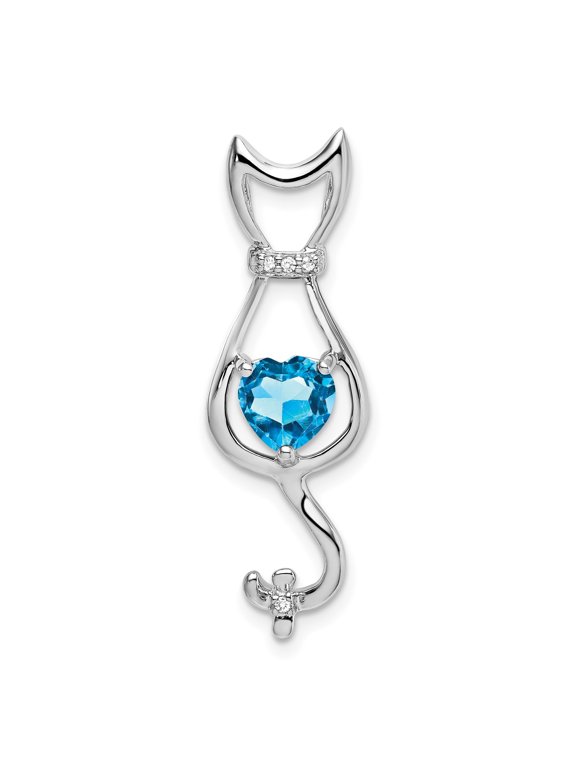 10k White Gold Cat Pendant Necklace with Heart Cut Blue Topaz and Diamond Accents for Women, Animal Shape Symbolizing Affection and Independence, Whimsical Fine Jewelry