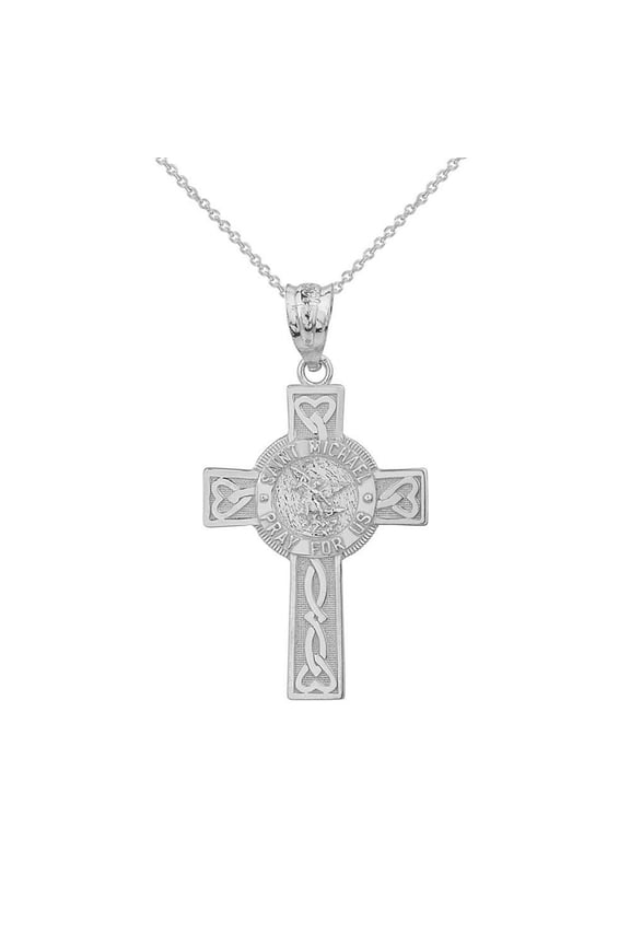 10k White Gold Celtic Cross Patron Saint Michael Archangel Heart Love Knot Pendant Necklace (PENDANT ONLY)