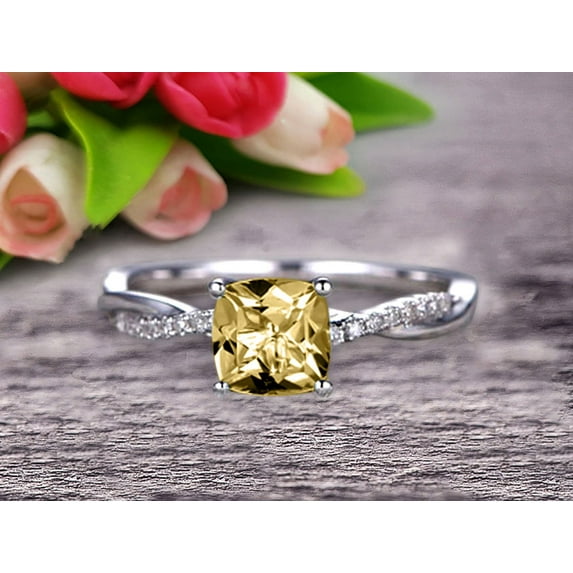 10k White Gold Champagne Diamond Moissanite Engagement Ring With 1.80 Carat 7mm Cushion Cut Vintage Looking