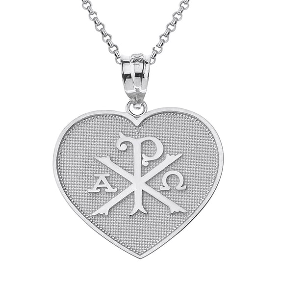 10k White Gold Christian Symbol Chi Rho Heart Pendant / Necklace (22 Inches)