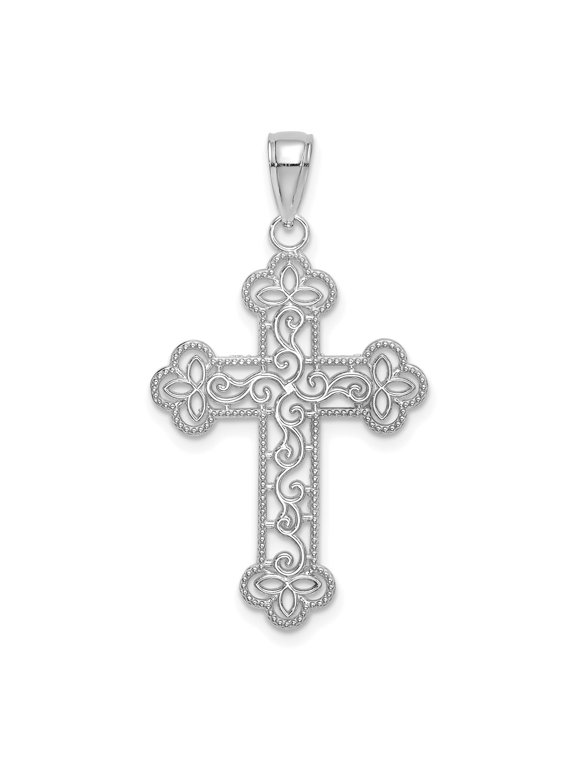 10k White Gold Filigree Cross Pendant Charm, Beaded Edge Milgrain Religious