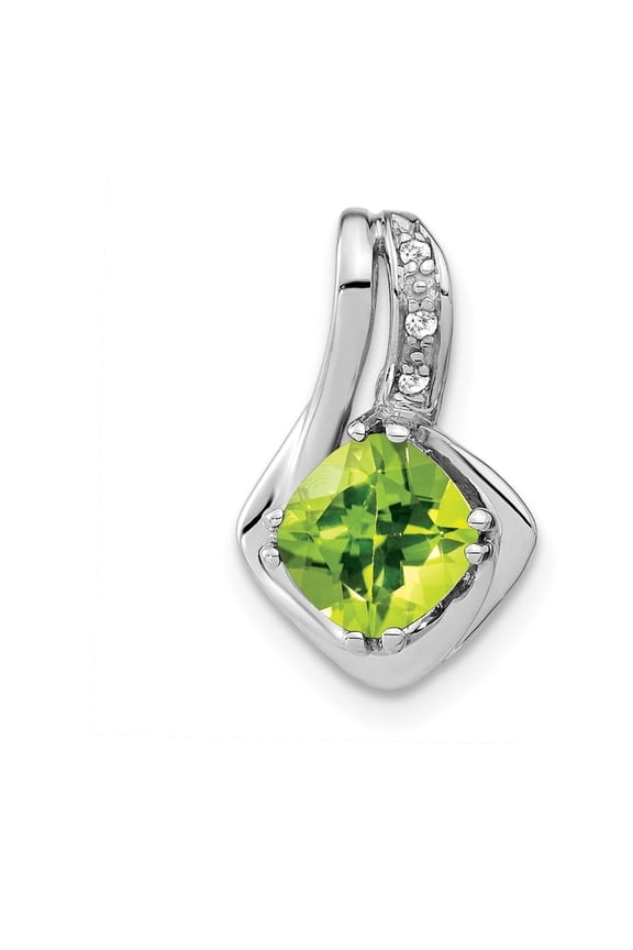 10k White Gold Cushion Cut Green Peridot Pendant Necklace with Diamond Accents for Women, Fine Jewelry Birthstone Anniversary Modern Elegant Style