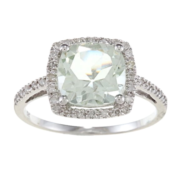 10k White Gold Cushion Green Amethyst and Diamond Halo Ring
