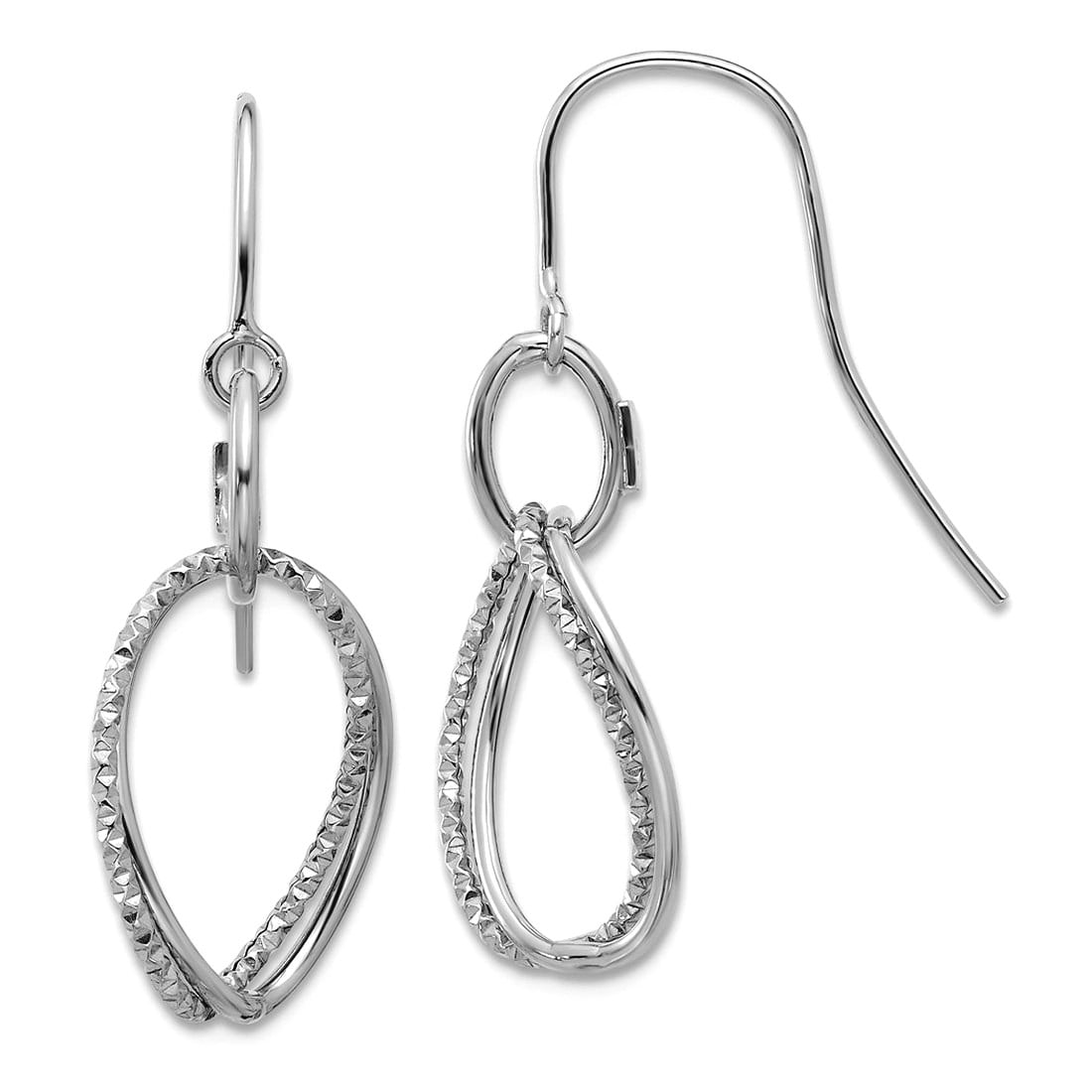 10k White Gold Polished and Textured Shepherd Hook Earrings 35x16mm Wide Dangle Earring for Women