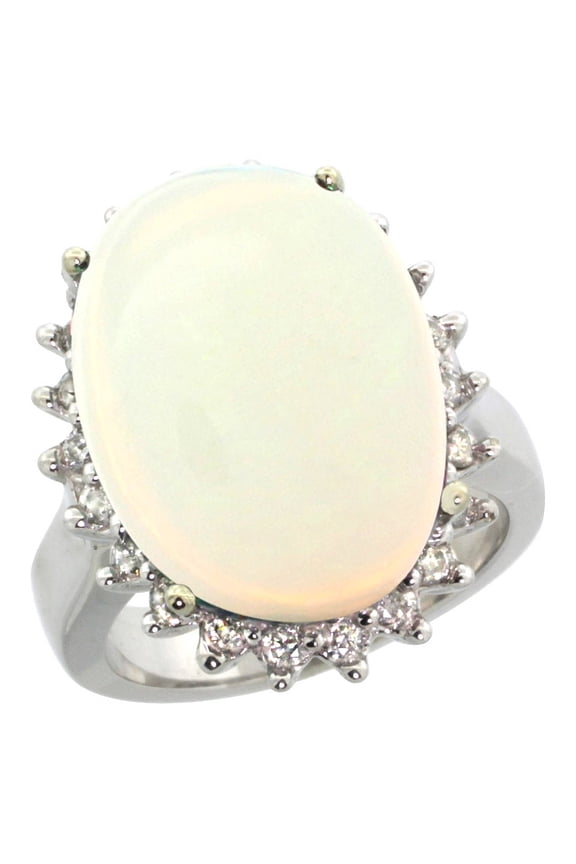 10k White Gold Diamond Halo Natural Opal Ring Large Oval 18x13mm, size 10
