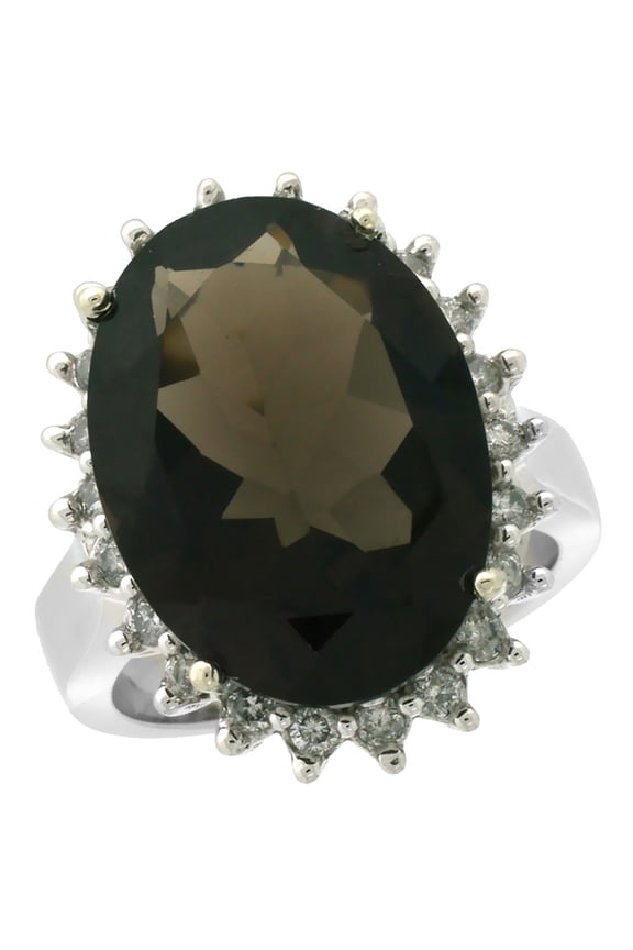 10k White Gold Diamond Halo Natural Smoky Topaz Ring Large Oval 18x13mm, size 10