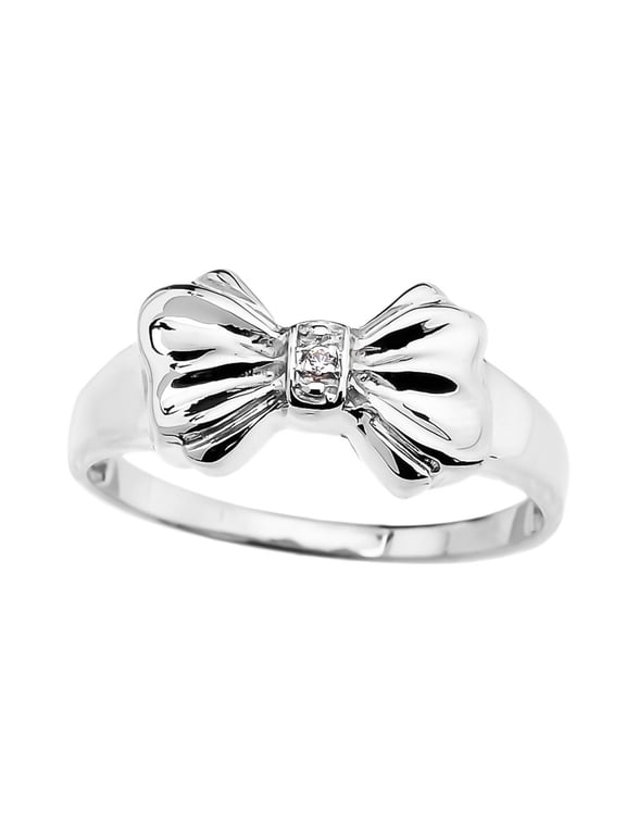 10k White Gold Diamond Ribbon Bow Dainty Ring Size 5.5