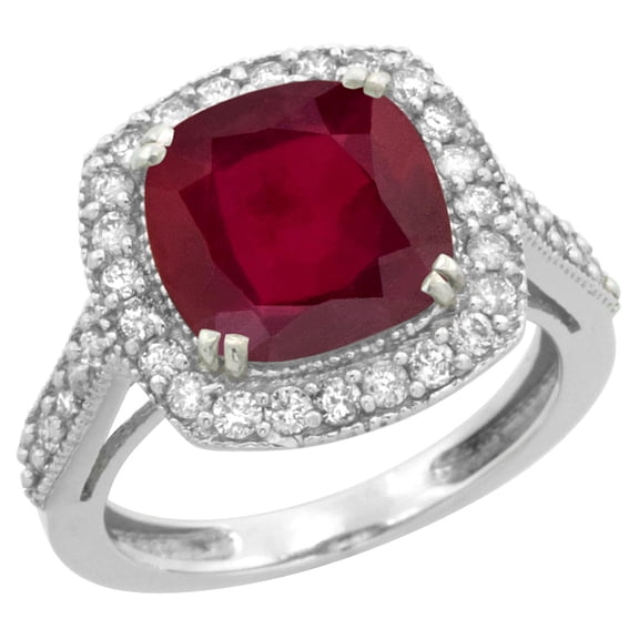 10k White Gold Diamond and Enhanced Genuine Ruby Ring Cushion-cut 9x9mm, size 5.5