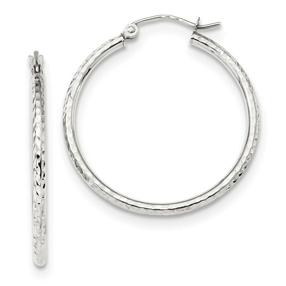 10k White Gold Diamond-cut 2mm Round Tube Hoop Earrings