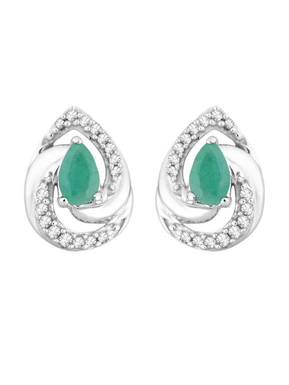 10k White Gold Emerald & 1/10 Carat T.W. Diamond Earrings