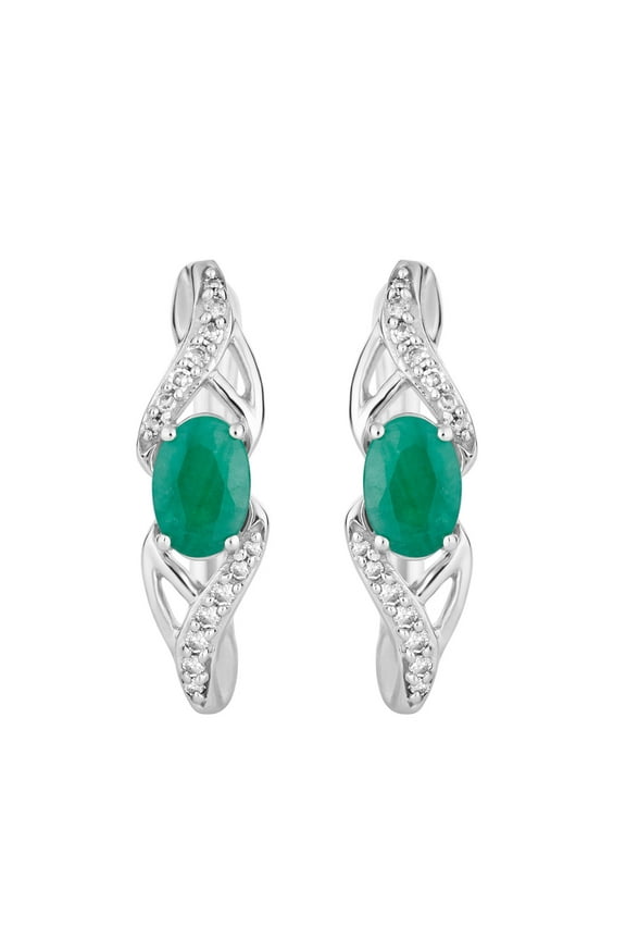 10k White Gold Emerald & 1/10 Carat T.W. Diamond Latch Back Earrings