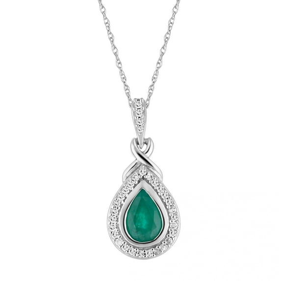 10k White Gold Emerald & 1/8 Carat T.W. Diamond Teardrop Halo Pendant