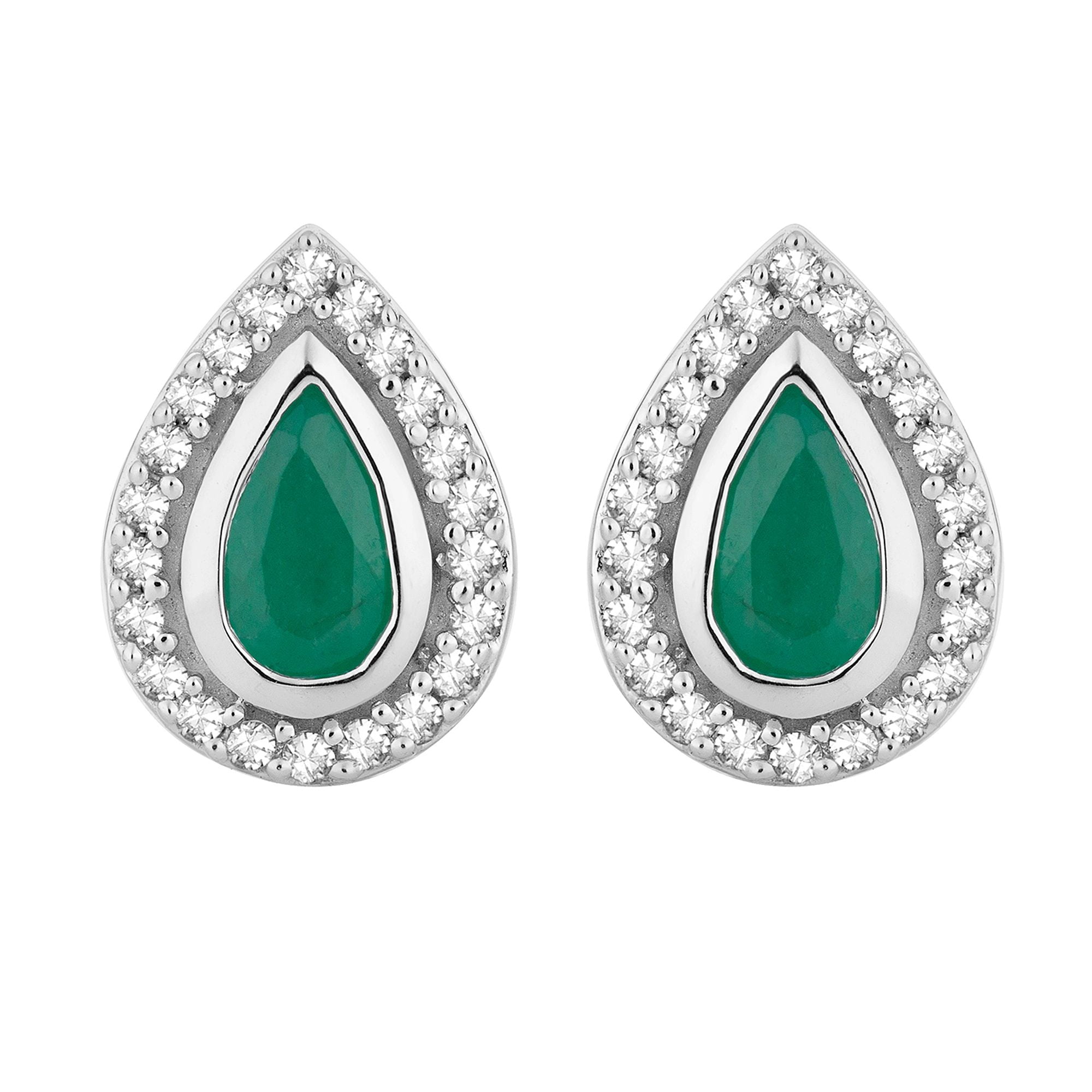 10k White Gold Emerald & 1/8 Carat T.W. Diamond Teardrop Halo Stud Earrings