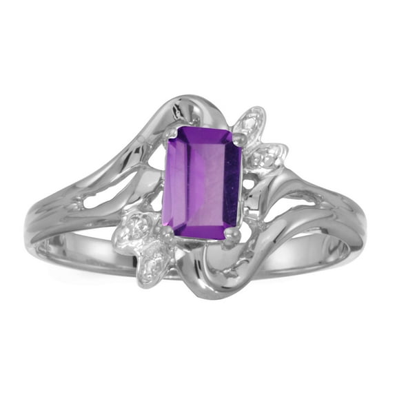 10k White Gold Emerald-cut Amethyst And Diamond Ring