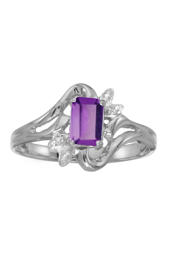 10k White Gold Emerald-cut Amethyst And Diamond Ring