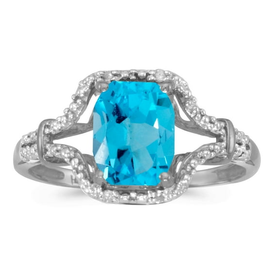 10k White Gold Emerald-cut Blue Topaz And Diamond Ring