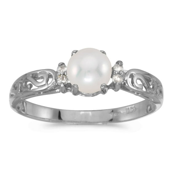 10k White Gold Freshwater Cultured Pearl And Diamond Ring