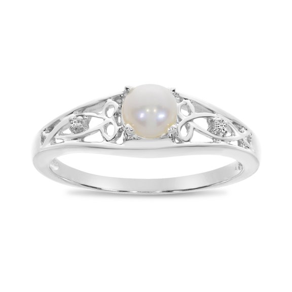 10k White Gold Freshwater Cultured Pearl And Diamond Ring