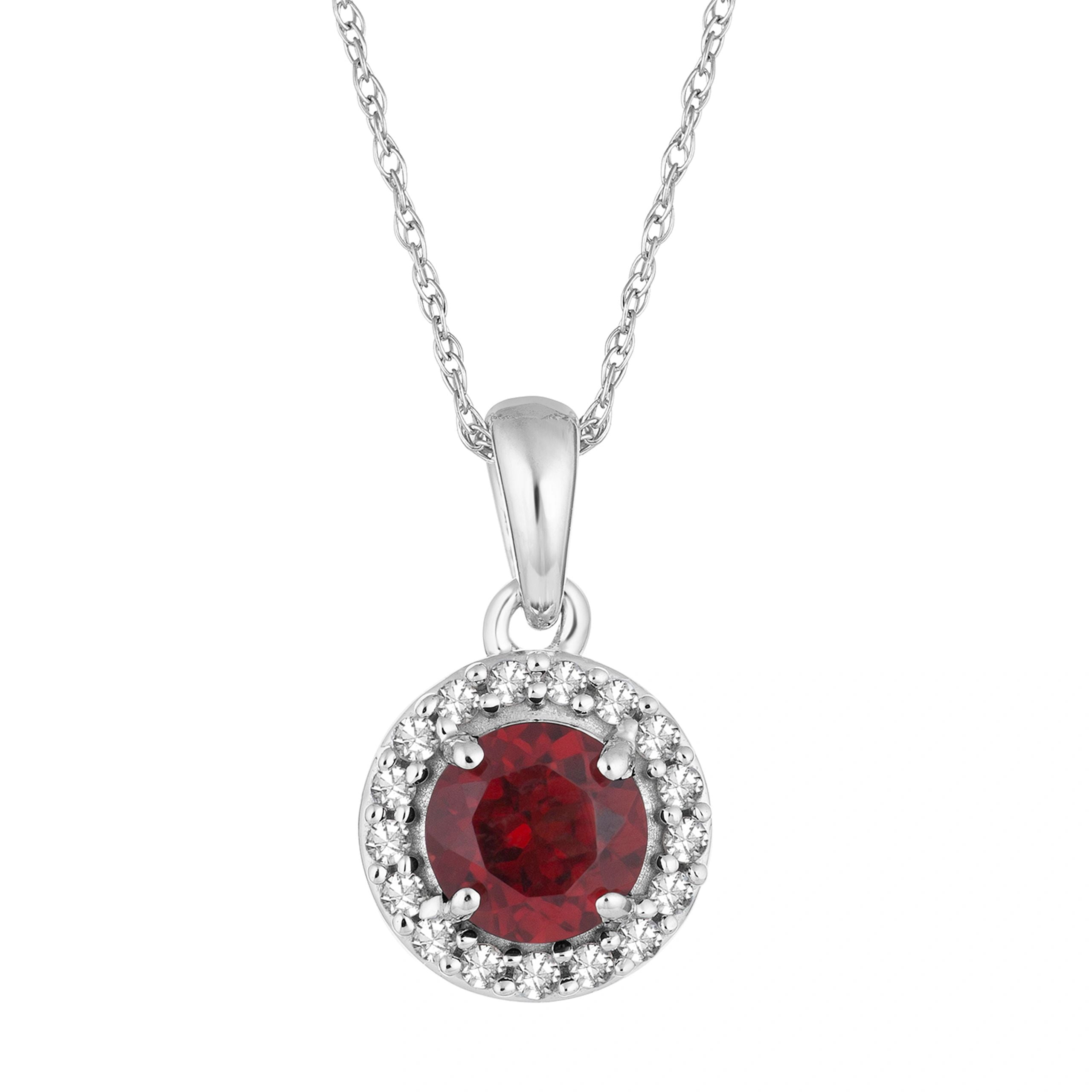 10k White Gold Garnet & 1/10 Carat T.W. Diamond Halo Pendant Necklace