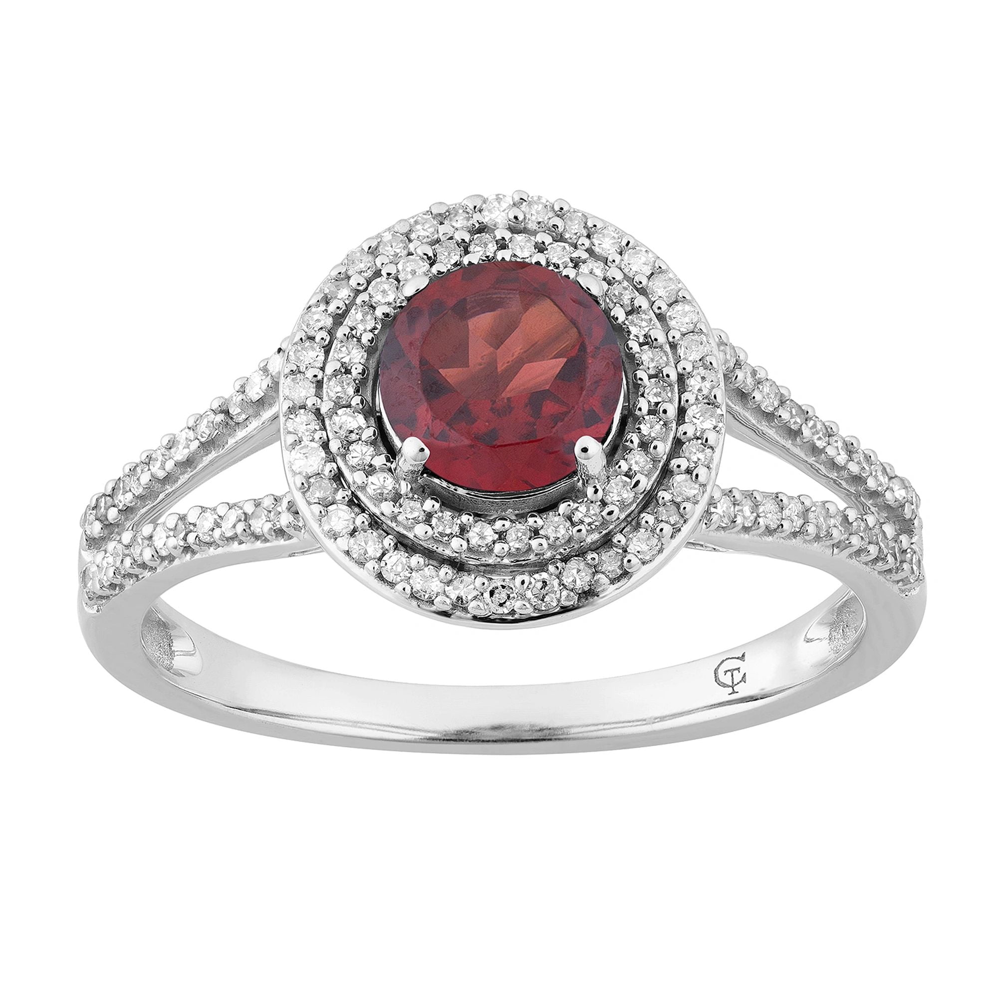 10k White Gold Garnet & 1/3 Carat T.W. Diamond Double Halo Ring