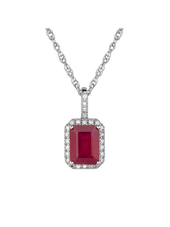 10k White Gold Genuine Emerald-Cut Ruby and Diamond Halo Necklace