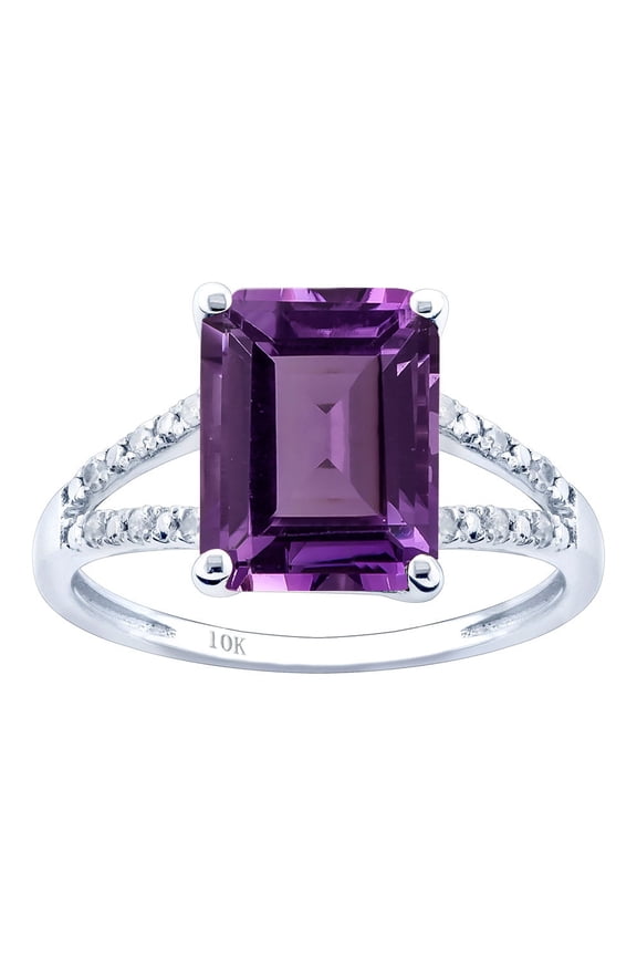 10k White Gold Genuine Emerald-Shape Amethyst and Split-Shank Diamond Ring