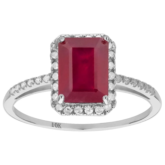 10k White Gold Genuine Emerald-cut 2.25ct Ruby and Diamond Halo Ring