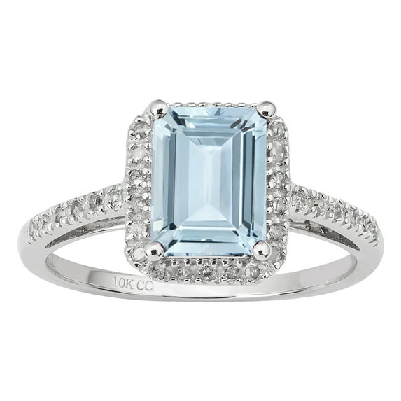 10k White Gold Genuine Emerald-cut Aquamarine and Diamond Halo Ring
