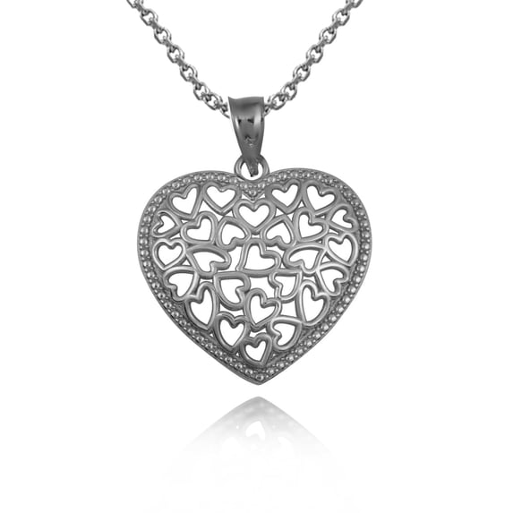 10k White Gold Heart Shape Milgrain Pendant / Necklace (22 Inches)