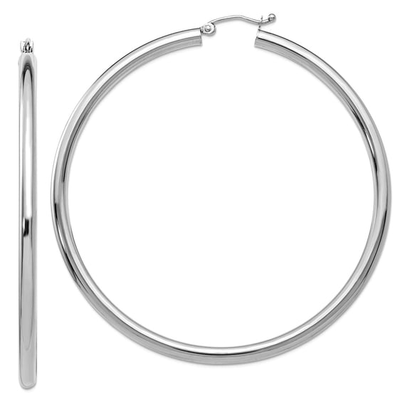 10k White Gold Hollow Polished Hinged post 3mm Round Hoop Earrings 55x60mm Wide 3mm Thick Hoop Earring for Women