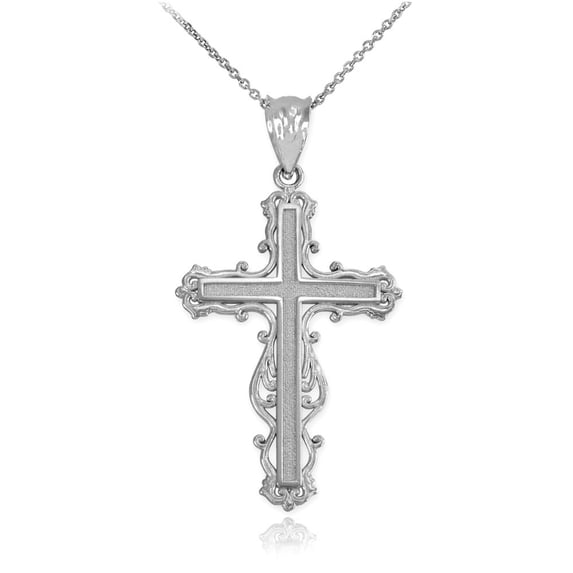 10k White Gold Latin Fancy Cross Pendant / Necklace (20 Inches)