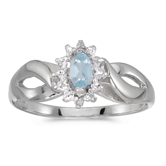 10k White Gold Marquise Aquamarine And Diamond Ring