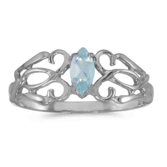10k White Gold Marquise Aquamarine filigree Ring