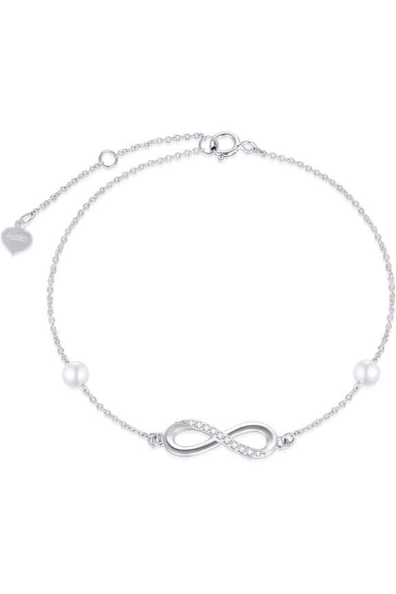 10k White Gold Natural Diamond Infinity Anklets for Women, Pearl Jewelry Ankle Bracelet Gifts for Her, 9.4-11 Inches