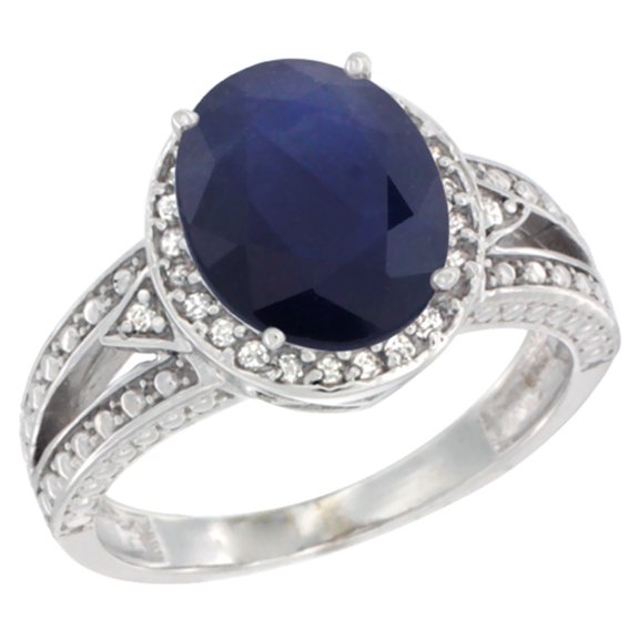 10k White Gold Natural Diffused Ceylon Sapphire Ring Oval 9x7 mm Diamond Halo, size 8.5