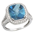 thumbnail image 1 of 10k White Gold Natural London Blue Topaz Ring Cushion-cut 12x10mm Diamond Halo, size 5.5, 1 of 2
