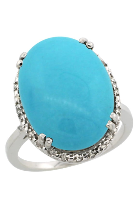10k White Gold Natural Turquoise Ring Large Oval 18x13mm Diamond Halo, size 9