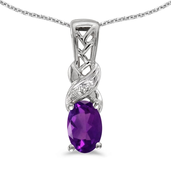 10k White Gold Oval Amethyst And Diamond Pendant