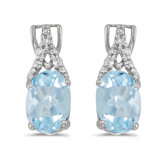 10k White Gold Oval Aquamarine And Diamond Earrings