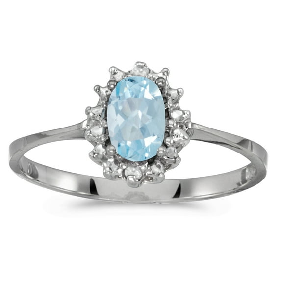 10k White Gold Oval Aquamarine And Diamond Ring