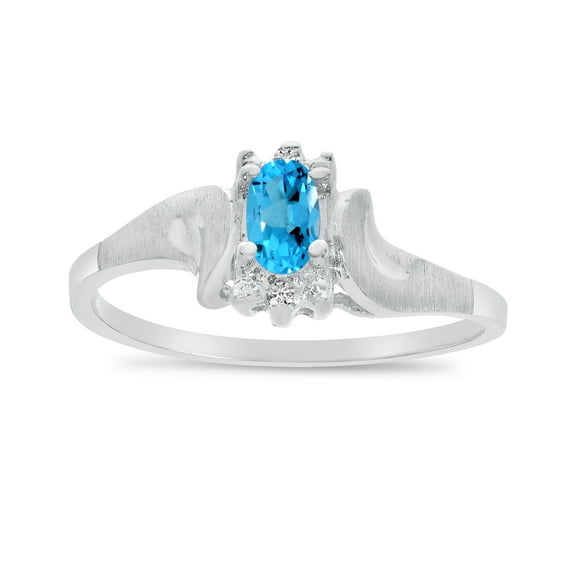 10k White Gold Oval Blue Topaz And Diamond Satin Finish Ring