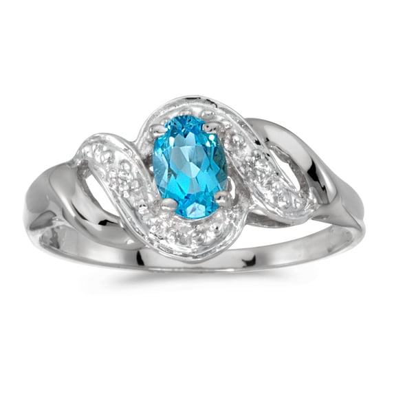 10k White Gold Oval Blue Topaz And Diamond Swirl Ring