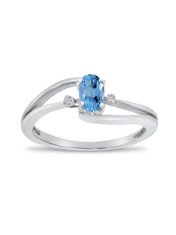 10k White Gold Oval Blue Topaz And Diamond Wave Ring